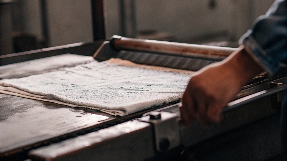A white cloth showing blue dye transfer after being rubbed on a new pair of unwashed jeans