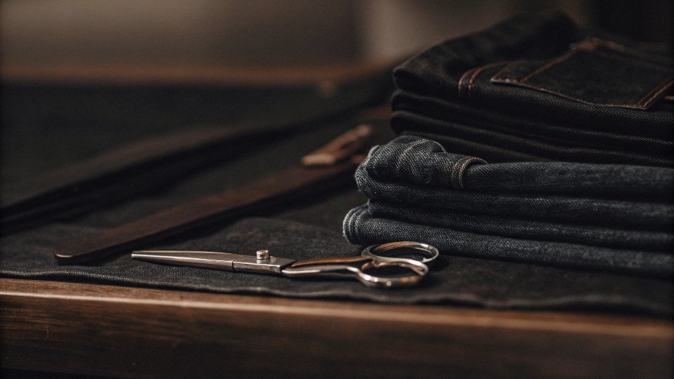 Cutting Jeans with Scissors to Desired Length A pair of sharp fabric scissors next to a pair of jeans laid out on a table