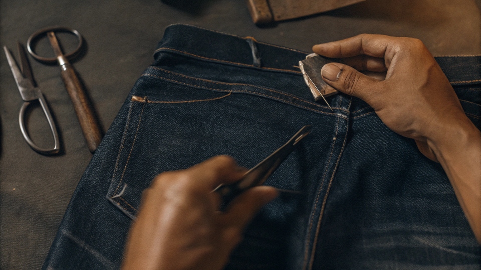 DIY Process of Making Holes in Jeans A close-up shot of a person using tweezers and sandpaper to distress a pair of jeans