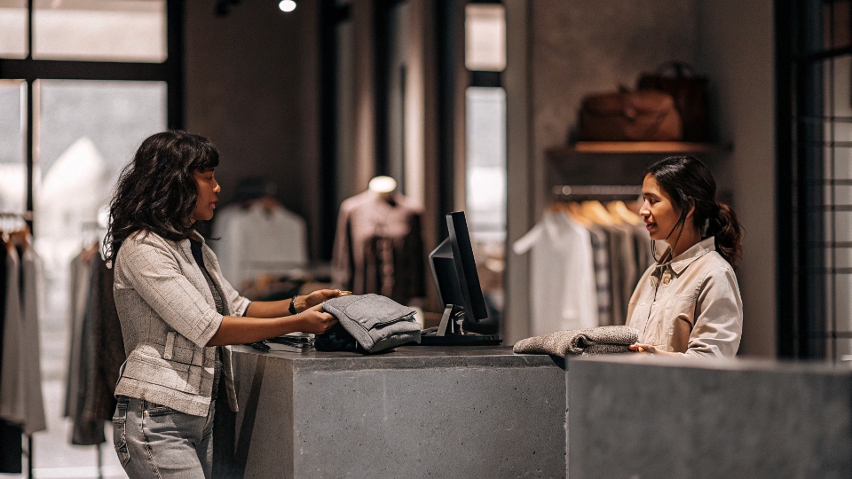A customer service desk at an American Eagle store with jeans being returned