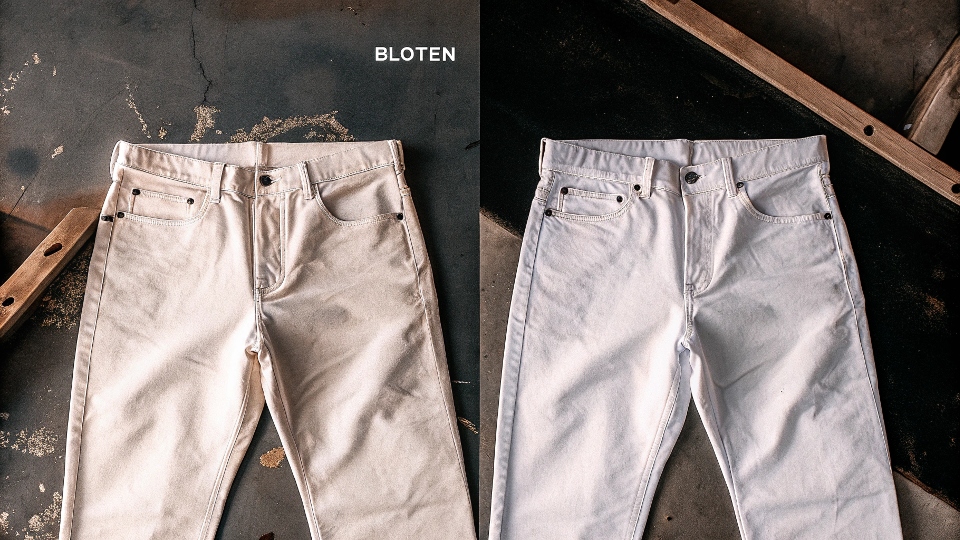 Effect of Bleach on Different Denim Fabrics A side-by-side comparison of bleached 100% cotton denim and a bleached cotton-poly blend