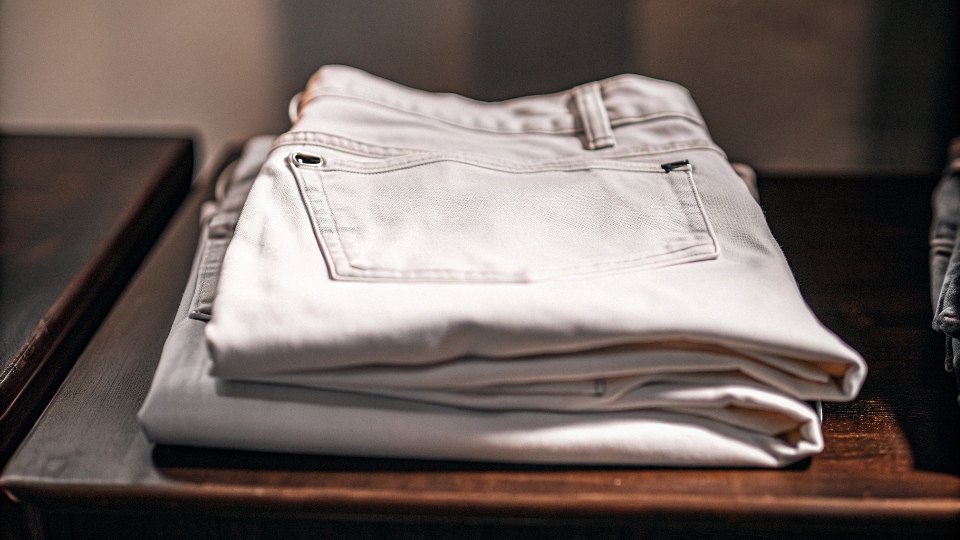 Crisp White Bleached Jeans A pair of perfectly white jeans folded neatly on a wooden surface