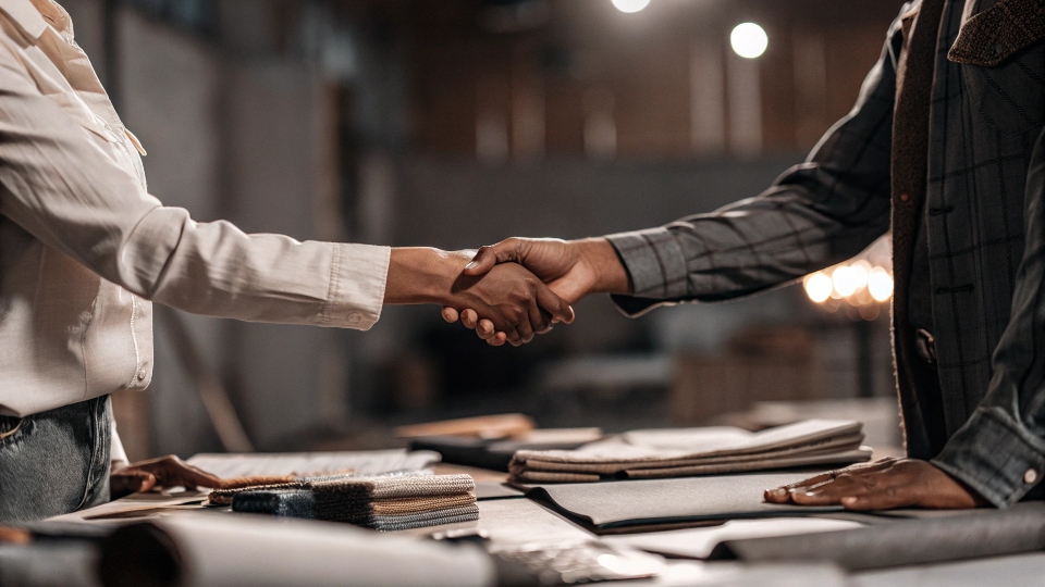 A factory owner and a designer shaking hands over a table of fabric swatches