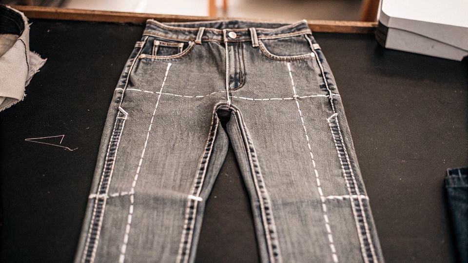A pair of jeans with chalk lines drawn along the outer thigh seam, ready for alteration
