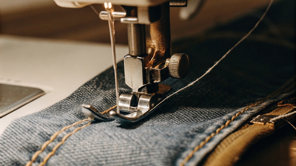 Sewing Machine Quilting with Denim A close-up shot of a heavy-duty sewing machine needle successfully sewing through two layers of denim