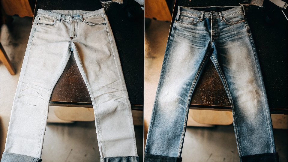 A side-by-side comparison of faded jeans and naturally darkened jeans
