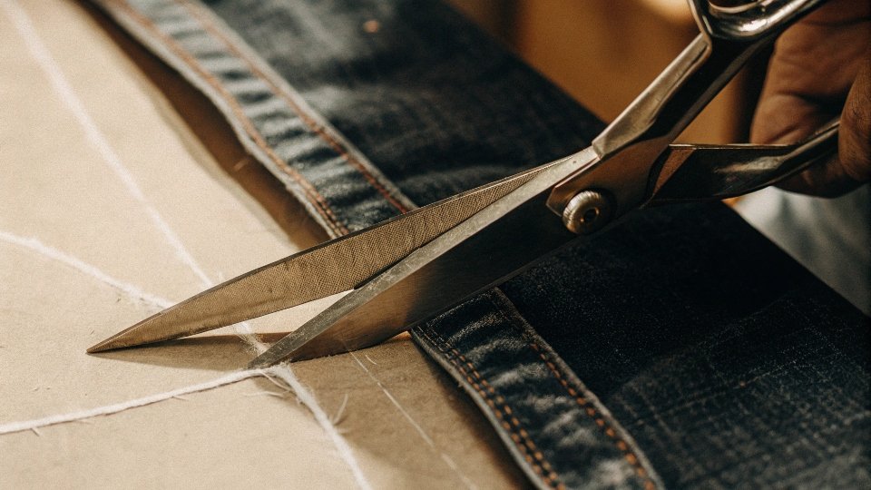 Safely Cutting Jeans with Proper Tools A close-up of sharp fabric scissors poised over a chalk line on a denim leg
