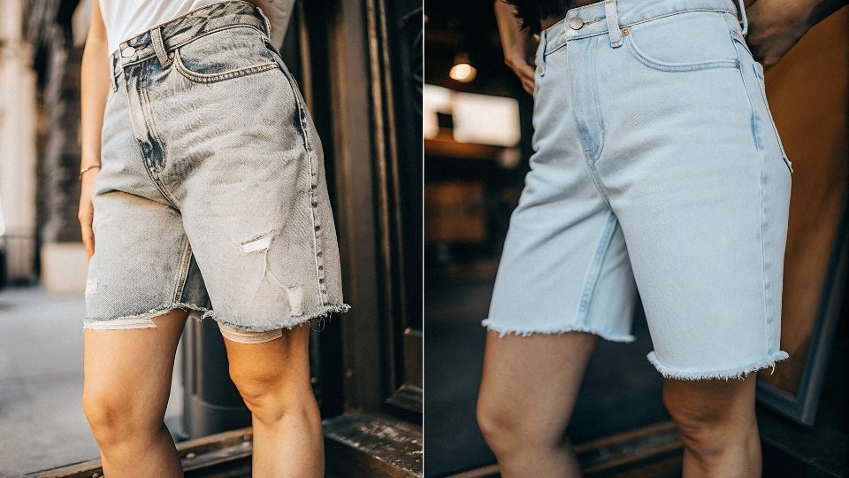 A pair of old, worn-out jeans next to the stylish shorts they were turned into