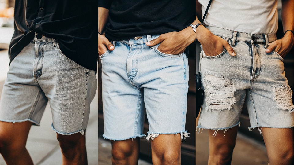 A collage showing three different styles of cut-off shorts: raw edge, cuffed, and distressed
