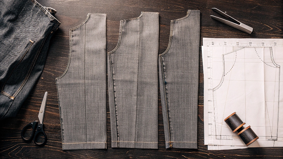 A collection of cut denim pieces from old jeans laid out next to a [sewing pattern](https://diznewjeans.com/how-to-make-my-denim-jacket-softer/)[^2] for a jacket