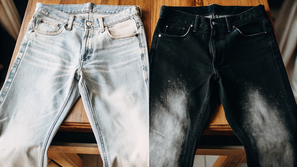 Restoring Faded Black Jeans to Dark Black A pair of faded black jeans next to a newly dyed dark black pair to show the difference