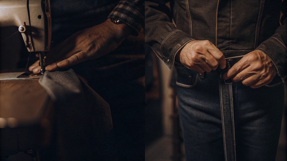 A side-by-side image showing someone stretching a wet waistband and a tailor sewing a seam