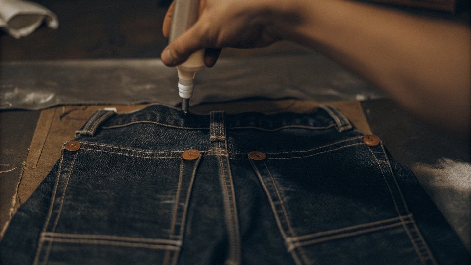 A close-up of someone using [fabric glue](https://diznewjeans.com/how-do-you-make-bell-bottom-jeans/)[^3] to attach a denim bib to a pair of shorts