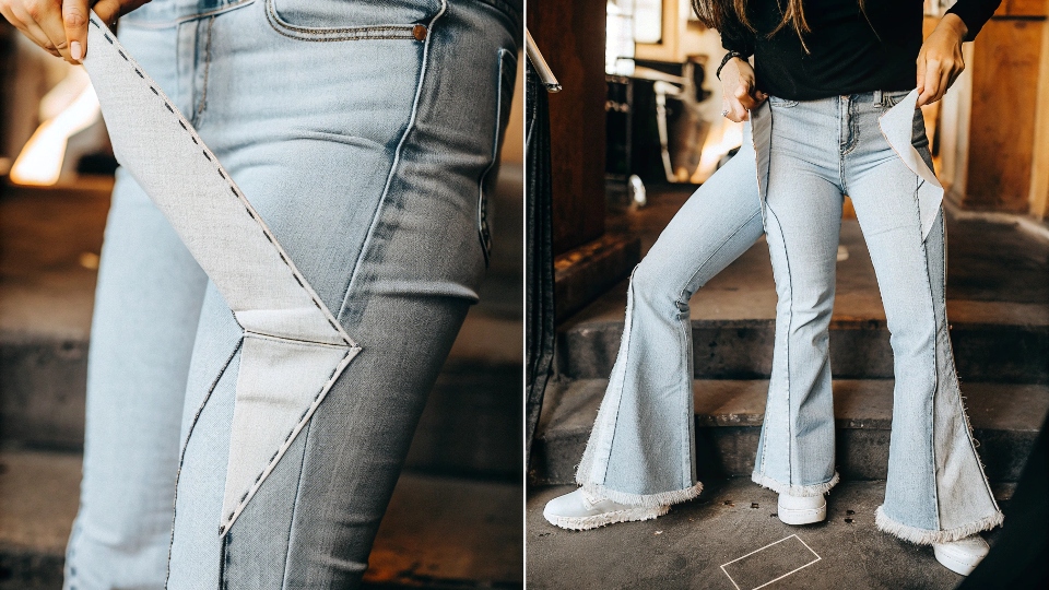 DIY Method for Turning Skinny Jeans into Flares A step-by-step graphic showing how to insert a fabric panel into a skinny jean leg to make a flare