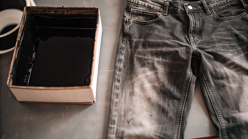 Dyeing Jeans to Make Them Darker A pair of faded jeans next to a box of black fabric dye