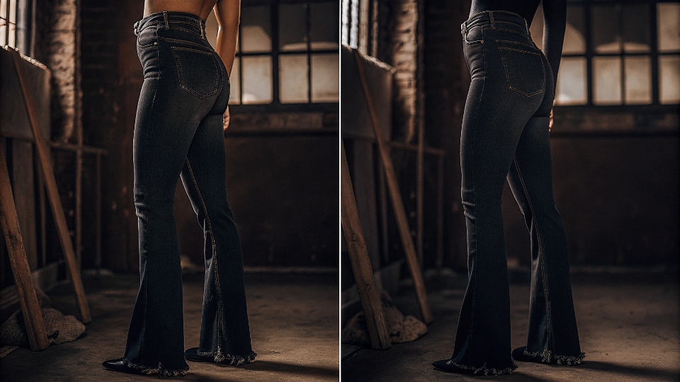 DIY Transformation from Flare to Skinny Jeans A before and after image showing a pair of flare jeans transformed into a skinny fit