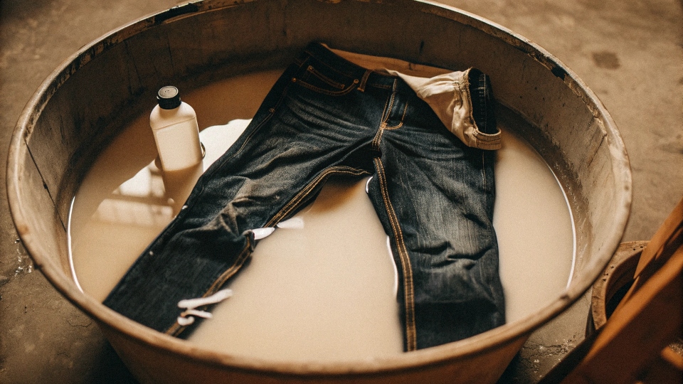 A pair of blue jeans soaking in a bucket with a bottle of bleach next to it