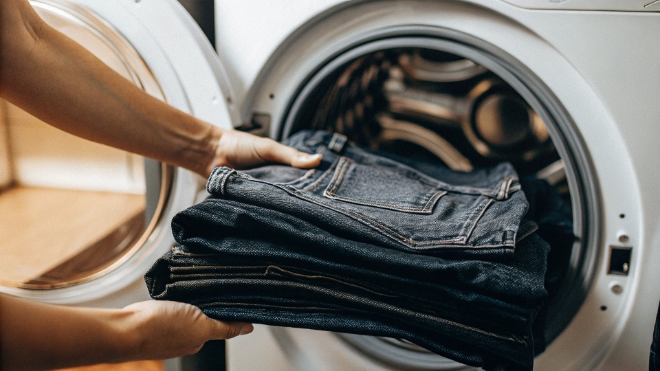 A new pair of dark indigo jeans being placed into a washing machine