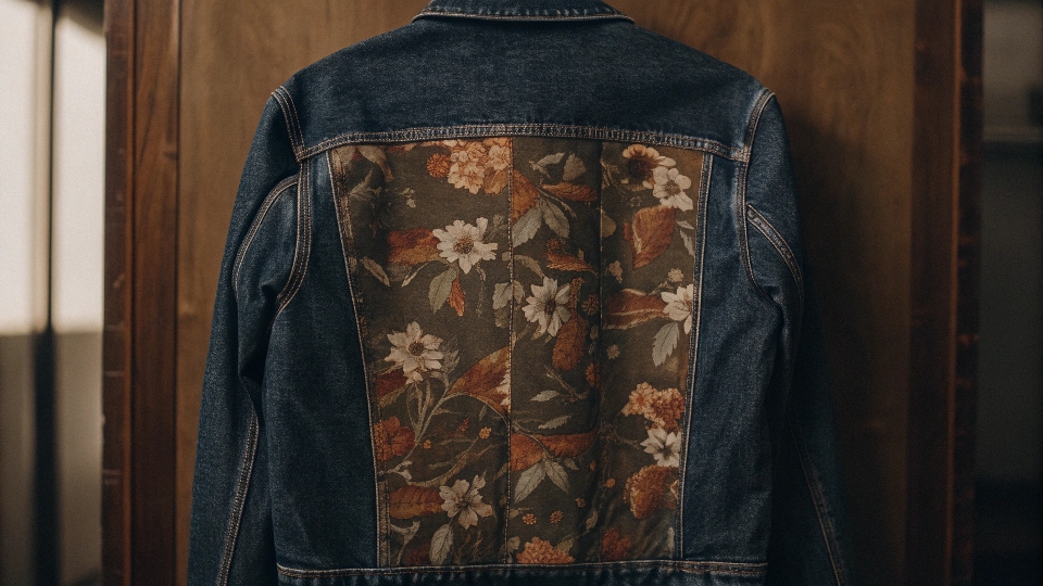Customizing a Denim Jacket with Fabric A denim jacket with a contrasting floral fabric panel sewn into the back to add style and size