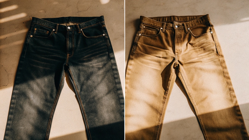 A pair of dark blue jeans next to a lightened, faded pair, showing the before and after effect
