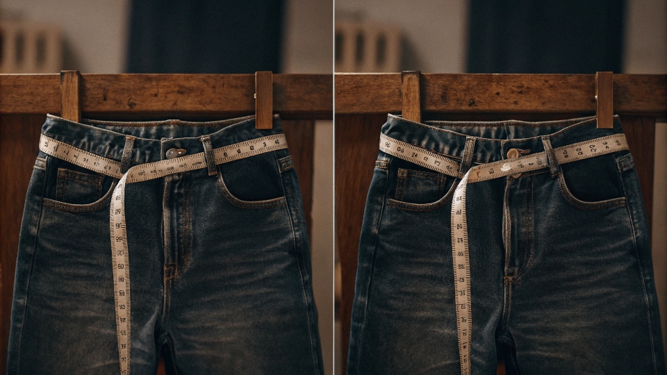 A pair of jean shorts with a measuring tape around the waist, symbolizing adjustment