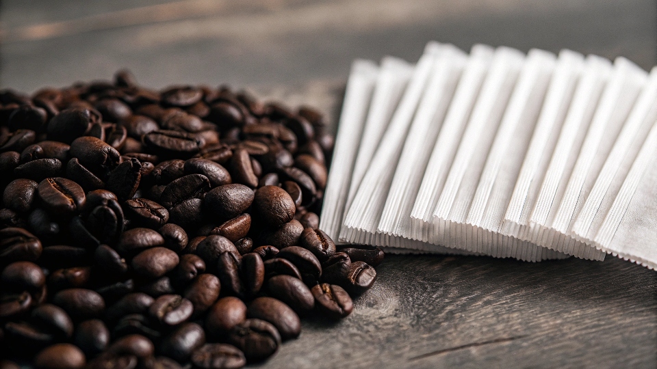 A pile of coffee beans and black tea bags on a wooden surface