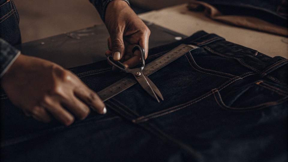 How to Cut Jeans without Ruining Them A person carefully measuring and cutting a pair of jeans with sharp scissors