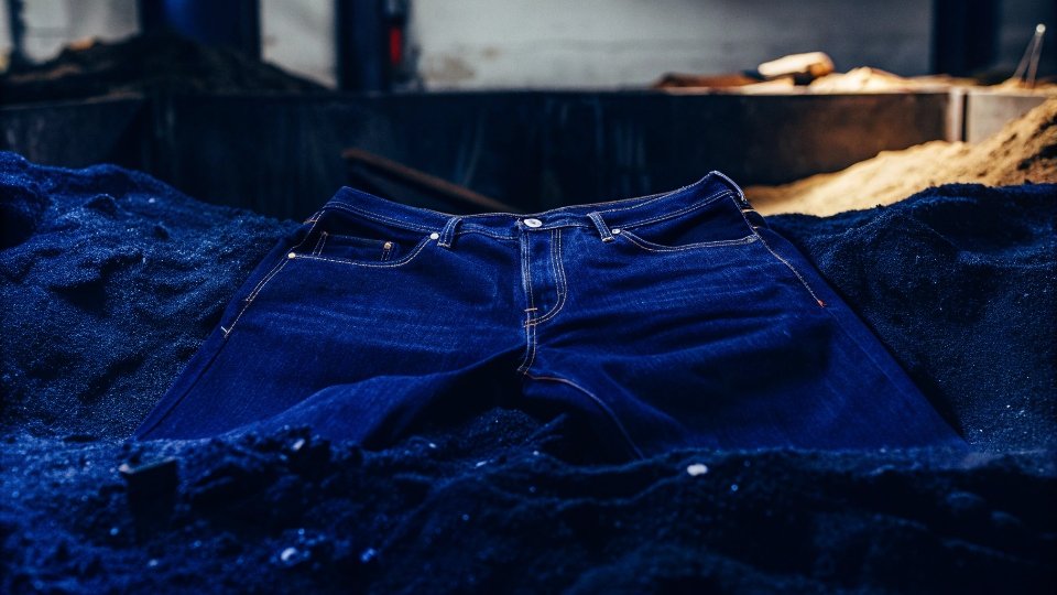 Biodegradation of Denim Jeans A time-lapse concept image showing a pair of jeans slowly breaking down into the soil.