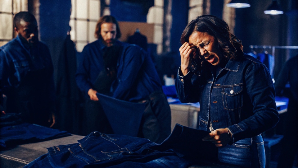 Bridging the Gap Between Design and Production A frustrated designer holding a poorly made sample jean next to their detailed design sketch.