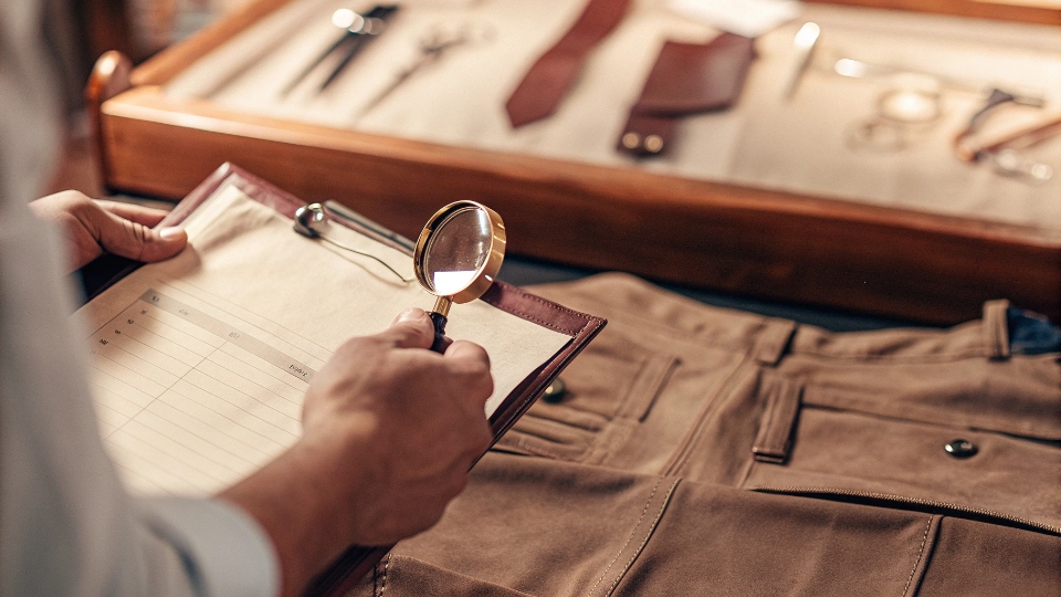 Defining Defects Against a Gold Standard Jean Sample An inspector using a magnifying glass and a checklist to compare a production jean to a master sample.