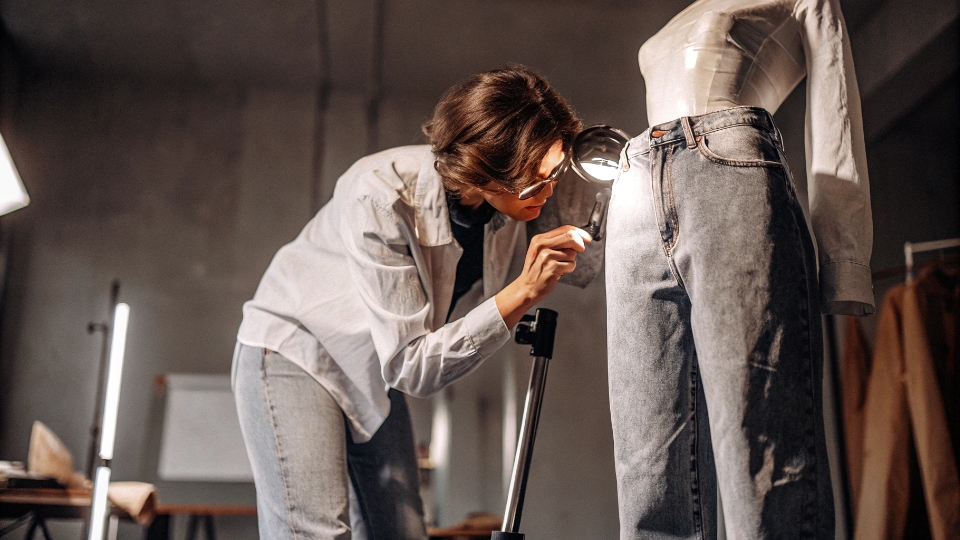 Inspecting a Custom Jean Prototype Sample A fashion designer closely inspecting a prototype custom jean in a well-lit studio