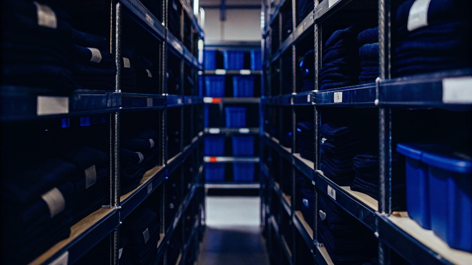 Organized Jeans Sample Archive A well-organized sample room in a jeans factory with samples in labeled, light-proof containers on shelves.