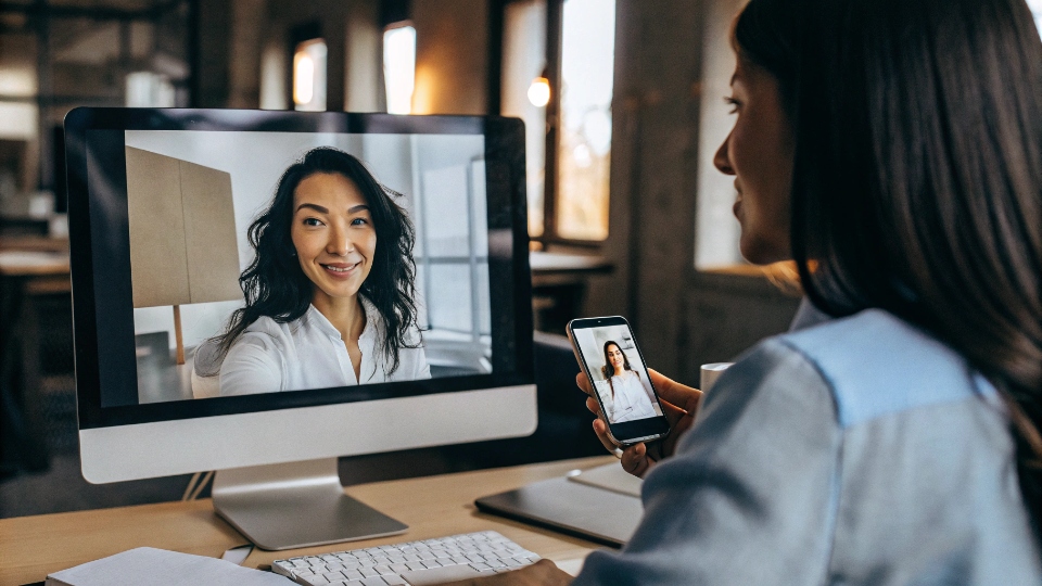 Clear Communication with China Jeans Factory A professional and friendly account manager on a video call with a client in a design studio.