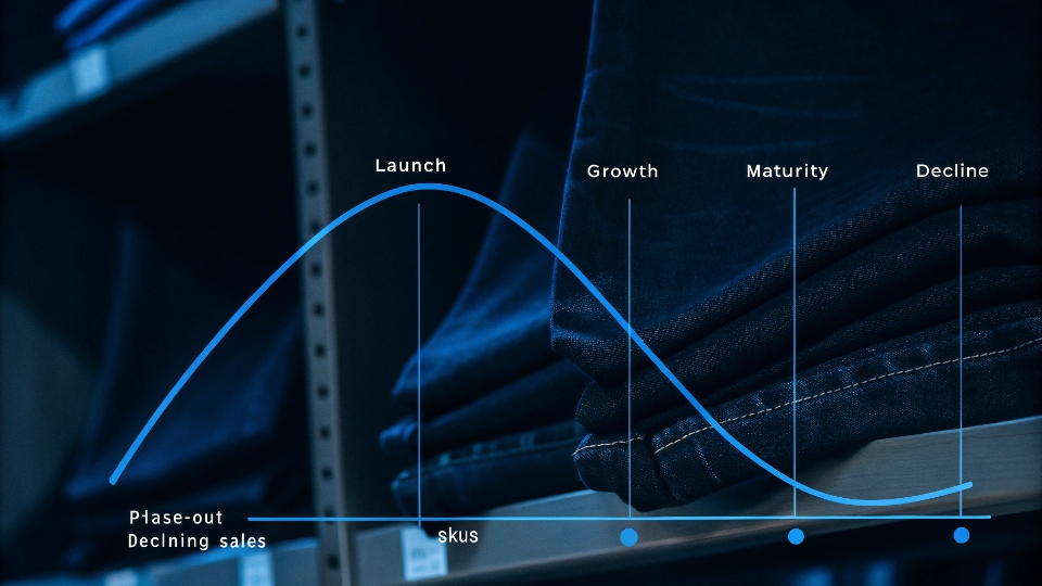 Jean Product Lifecycle Planning A graph showing the product lifecycle curve from launch to decline for a pair of jeans.