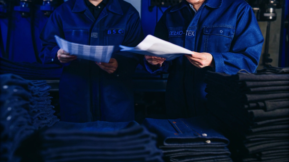 Retailer Compliance Audits in China A compliance manager reviewing documents with a factory worker in a clean, well-organized jeans factory.