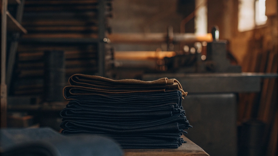 Pilot Run Jeans for Market Validation A small, neat stack of pilot run jeans ready for shipment next to a larger production line in the background.