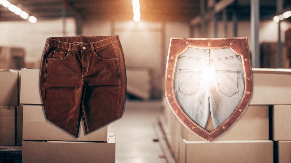 Product Liability and Insurance for Custom Jeans An illustration showing a shield protecting a pair of jeans from factory-related risks and shipping hazards