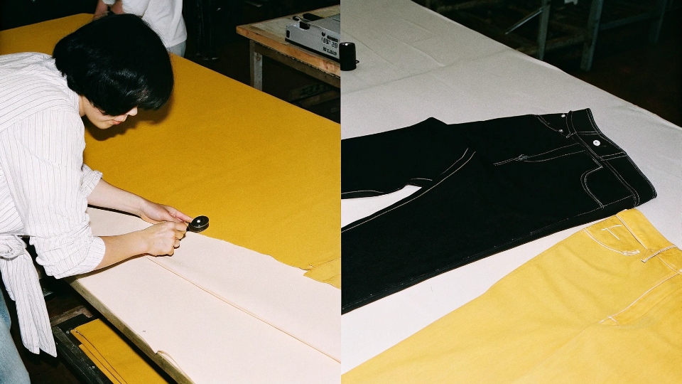 A quality control inspector examining a pair of jeans with a magnifying glass in a factory setting