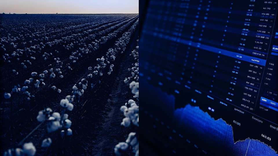 Effect of Commodity Shifts on Denim Quotes A split image showing a cotton field on one side and a cost breakdown spreadsheet on the other.