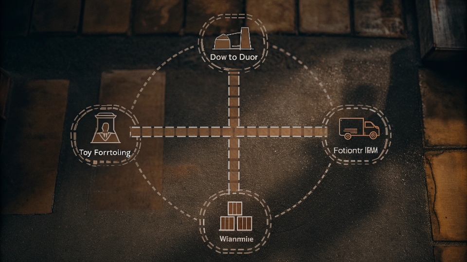 Door-to-Door Logistics for Custom Jeans from China A logistics diagram showing the journey of a shipping container from a factory in China to a warehouse in the USA