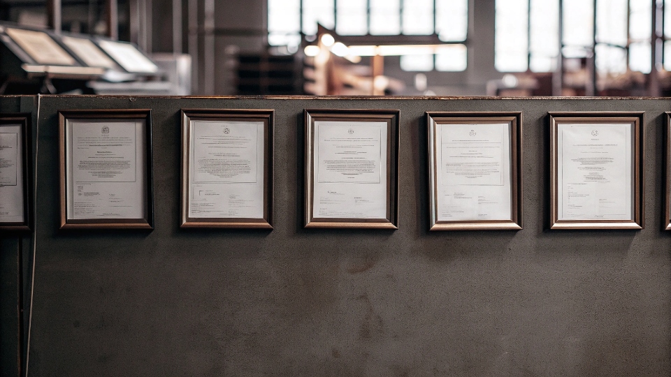 Verifying Compliance and Certifications for Jean Factories A collection of compliance certificates like WRAP and BSCI on a factory's office wall