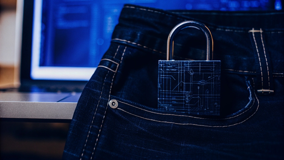 IT Security for Jean Design Files A digital padlock superimposed over a CAD design for a pair of jeans on a computer screen.