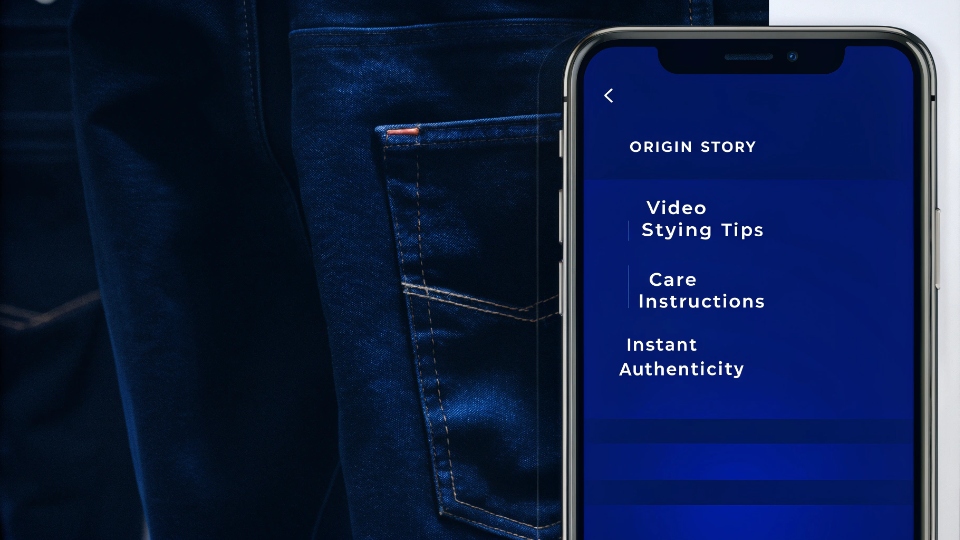 Consumer Experience from QR Code Scan A smartphone screen displaying a dynamic, branded landing page after scanning a QR code on a pair of jeans.