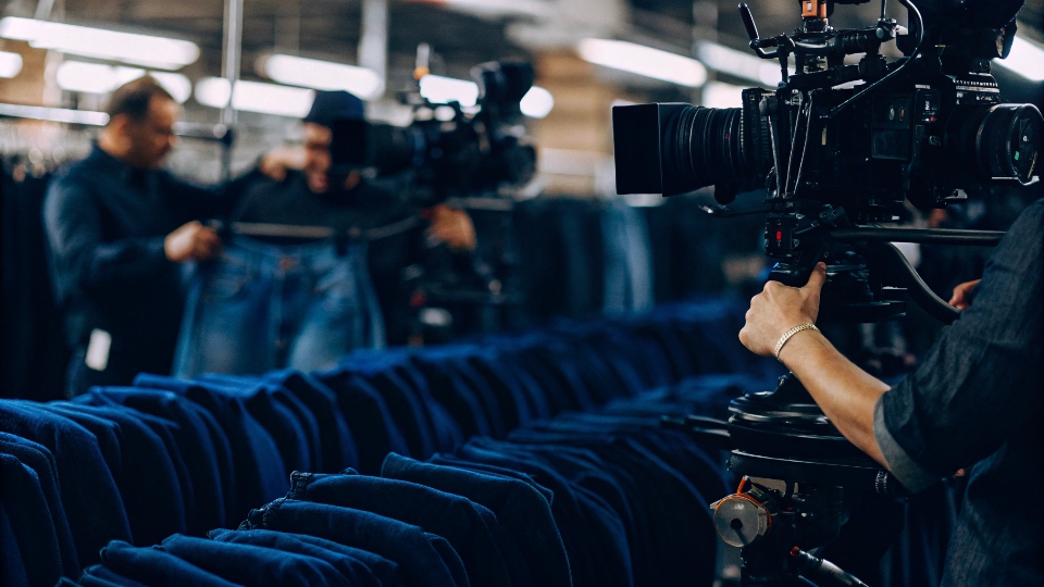 Joint Marketing and Launch Support A bustling factory floor with a professional camera crew filming the denim production process.