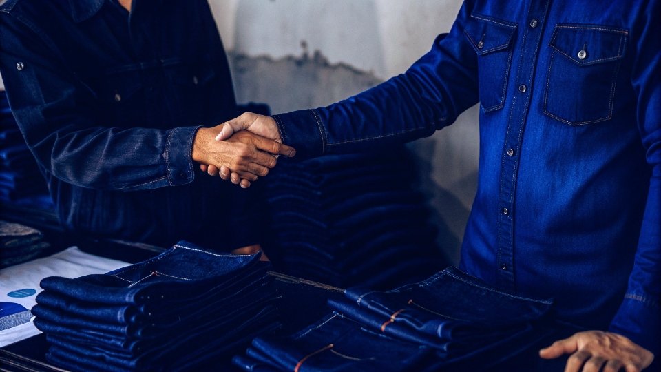 Building a Long-Term Factory Partnership A designer and factory manager shaking hands over a table with jeans and growth charts.