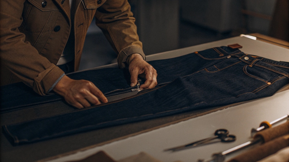Quality Control and Defect Inspection for Custom Jeans A quality control inspector carefully examining a pair of custom jeans on a brightly lit table.