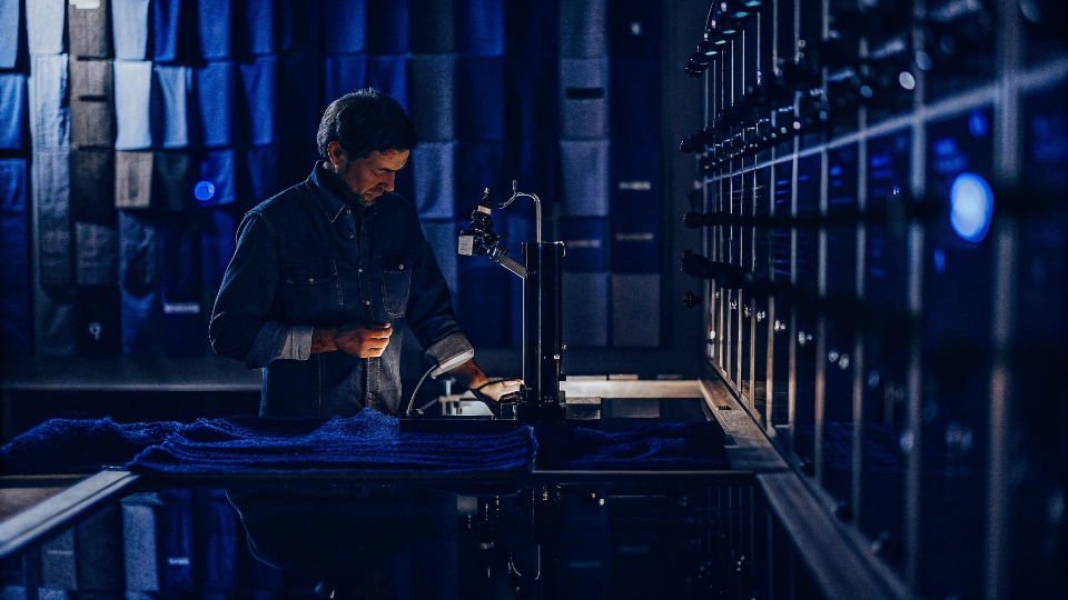 Joint R&D for New Denim Treatments A denim technician carefully analyzing different wash samples and color swatches in a modern lab.