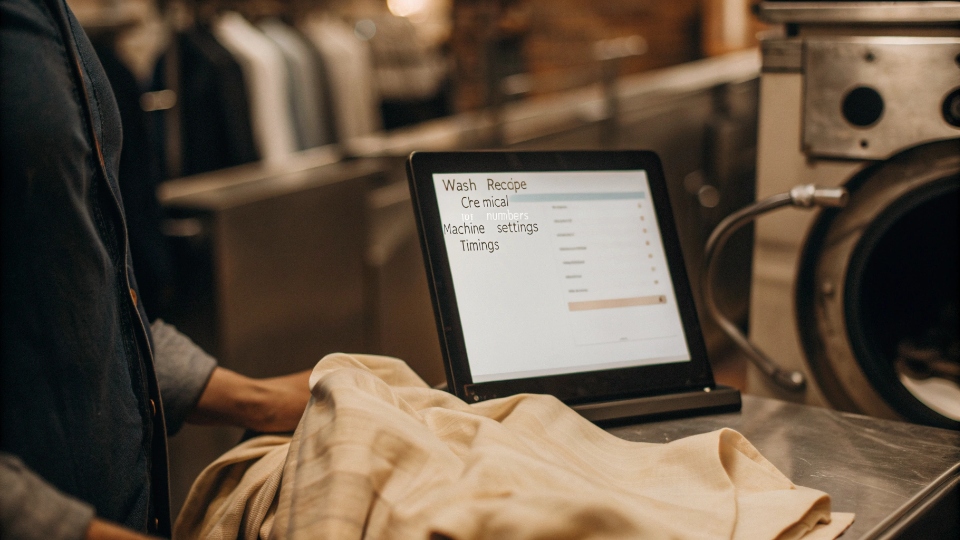 Linking Wash Recipes to Batch Numbers for Consistency A technician in a denim washhouse checking a computer screen that displays a detailed wash recipe next to a large industrial washing machine.