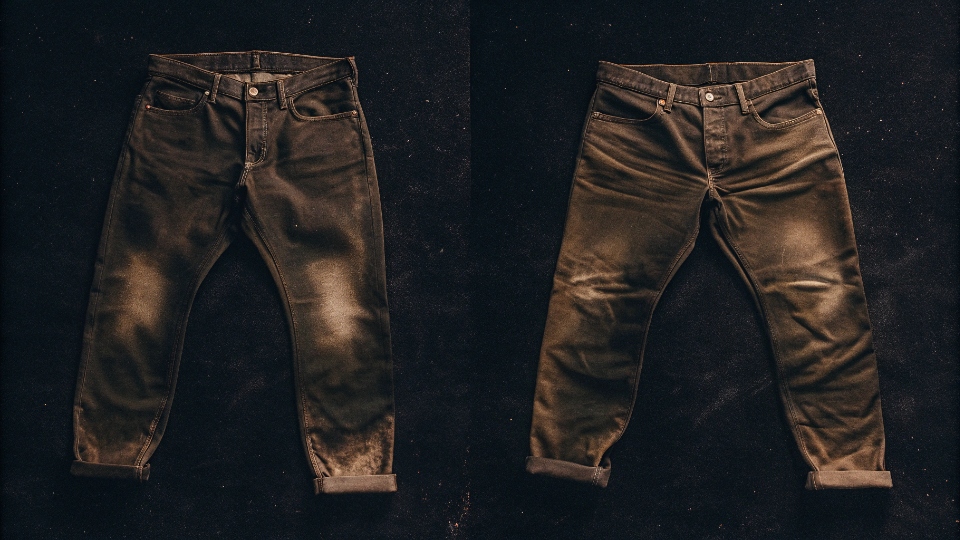 From Flat Color to Finished Denim Wash Side-by-side comparison of a flat green fabric swatch and a finished pair of olive green jeans with a beautiful vintage wash.