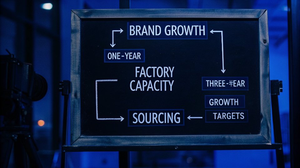 Joint Business Plans and Growth Targets A whiteboard with a mind map connecting "Brand Growth" to "Factory Capacity," "R&D," and "Sourcing."